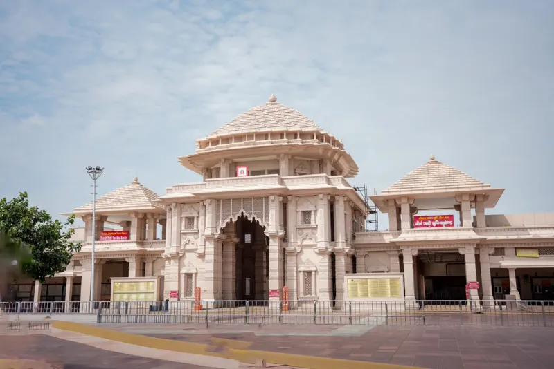 The cream-coloured Tirth Yatri Seva Kendra building in Ayodhya